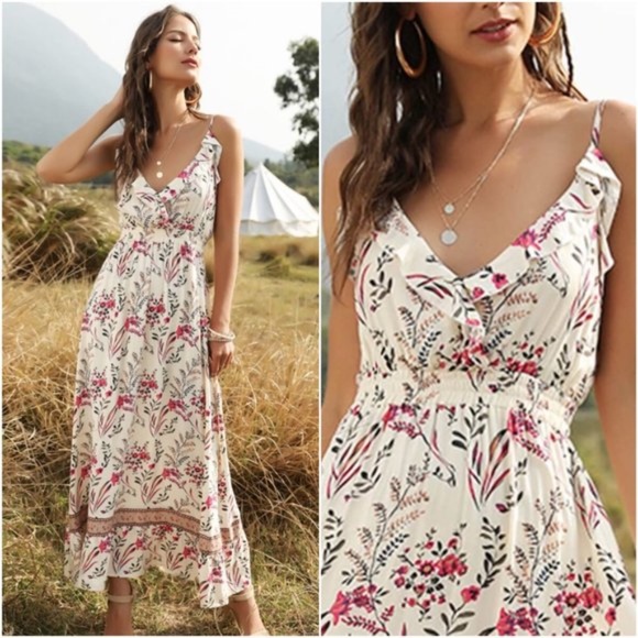 Boho pink floral print v neck ruffle cami dress - Picture 3 of 3